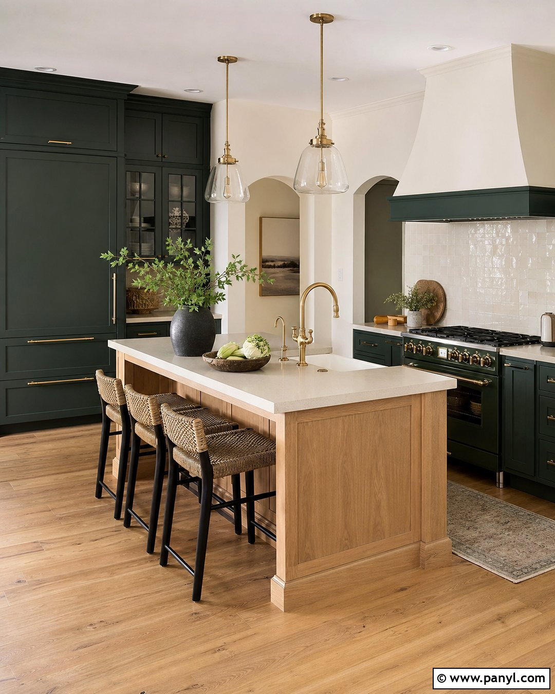 Swiss Coffee Kitchen With Dark Green Cabinets - 35 bm swiss coffee walls