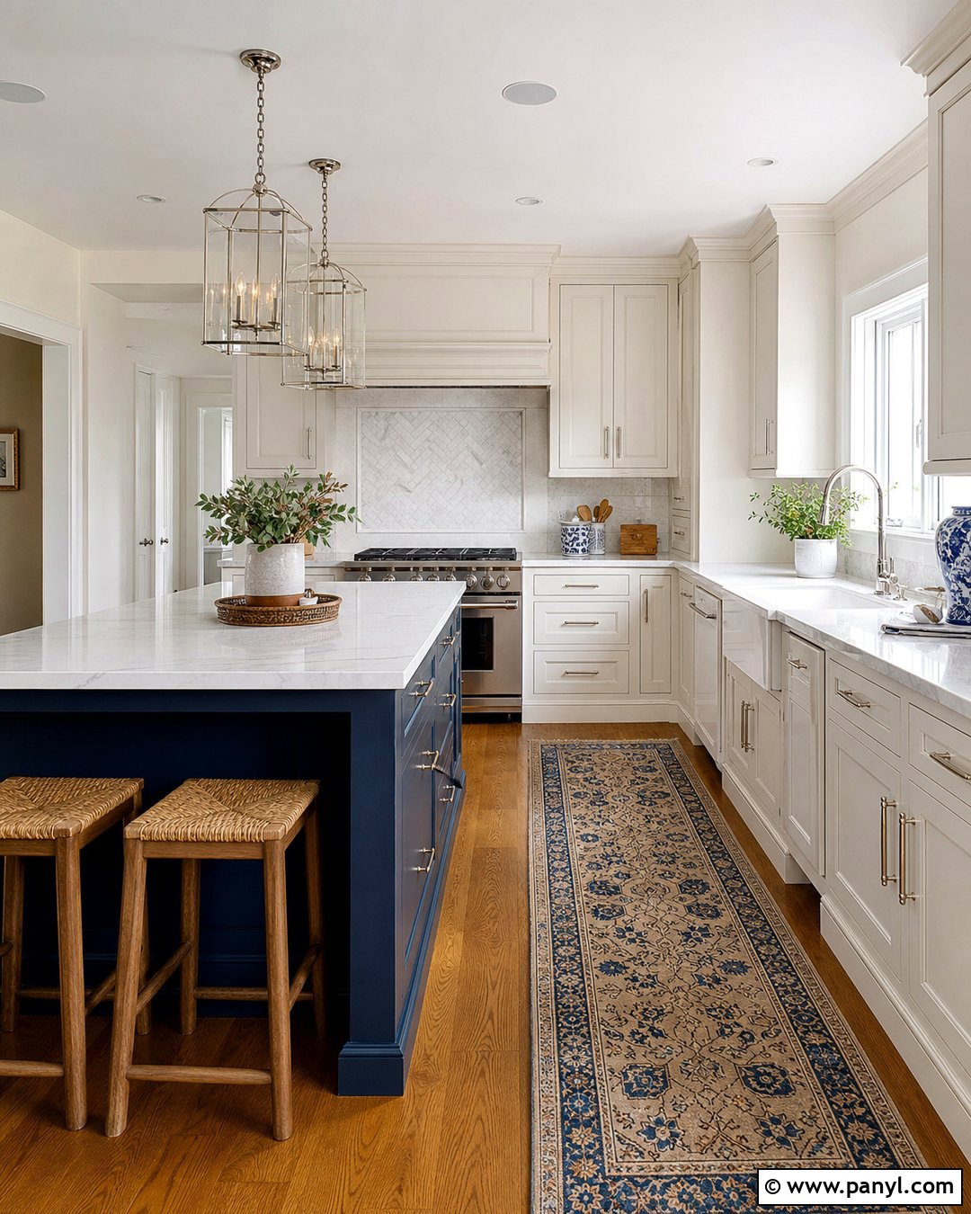 Swiss Coffee Kitchen With Navy Island - 35 bm swiss coffee walls