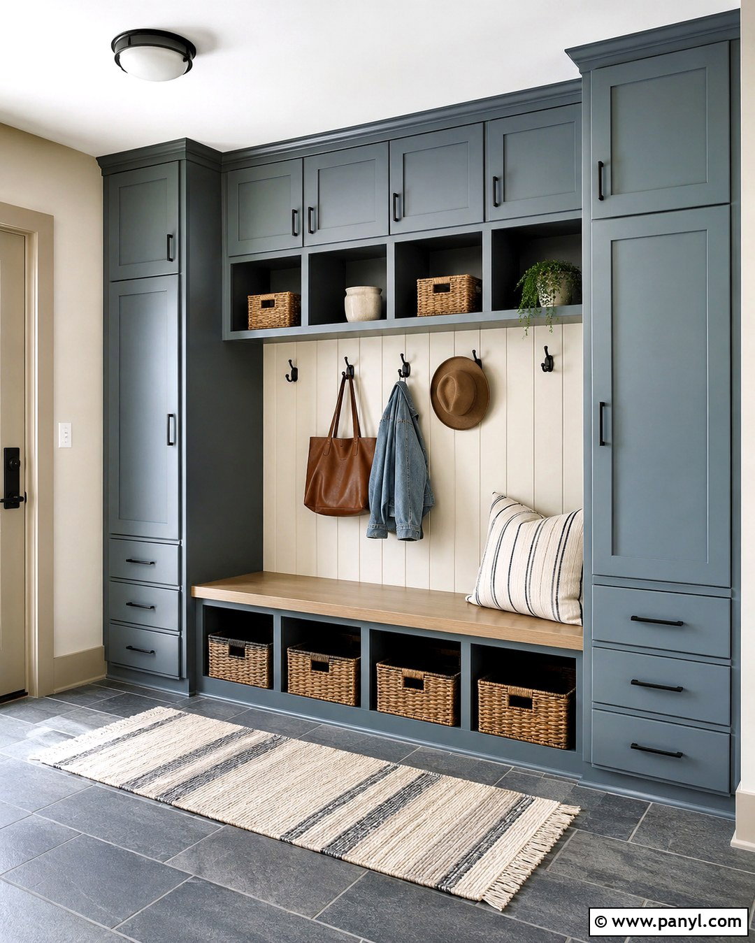 Swiss Coffee Mudroom With Blue Gray Cabinets - 20 Swiss Coffee Interior Walls