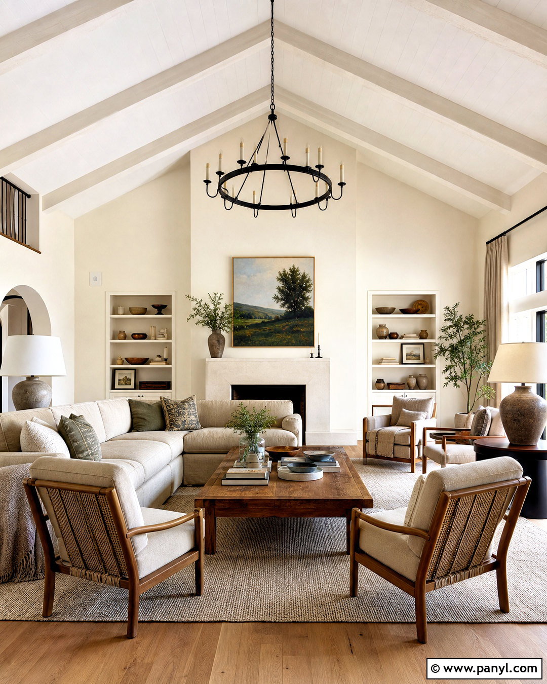 Swiss Coffee Vaulted Living Room With White Beams - 20 swiss coffee walls with white trim ideas