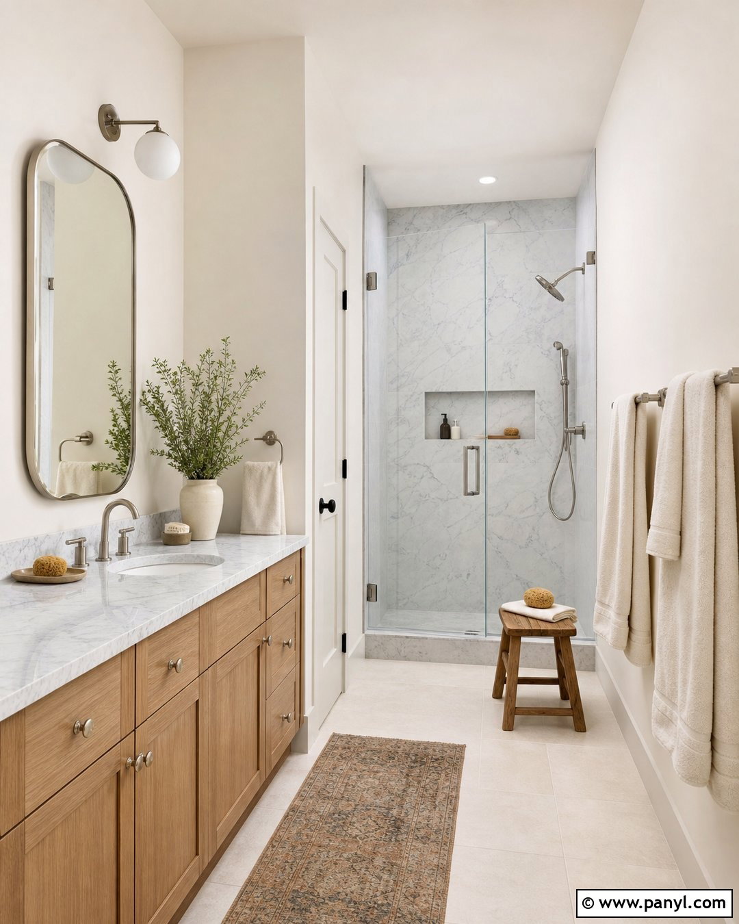 Swiss Coffee Walls With Marble Bathroom Finishes - 35 Benjamin Moore Swiss Coffee Walls