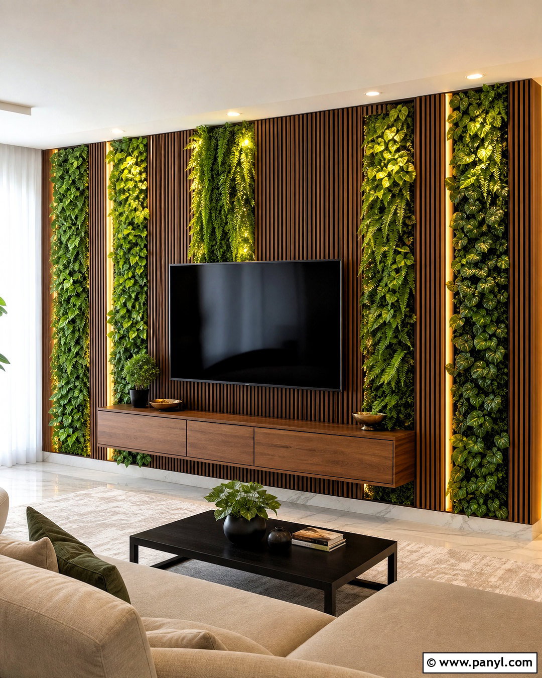 TV Green Wall With Wood Panels - 20 indoor green wall design ideas