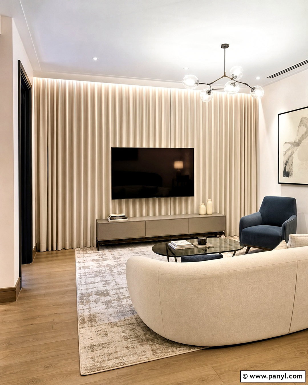 TV Wall With Full-Length Curtains - 20 small living room tv wall ideas