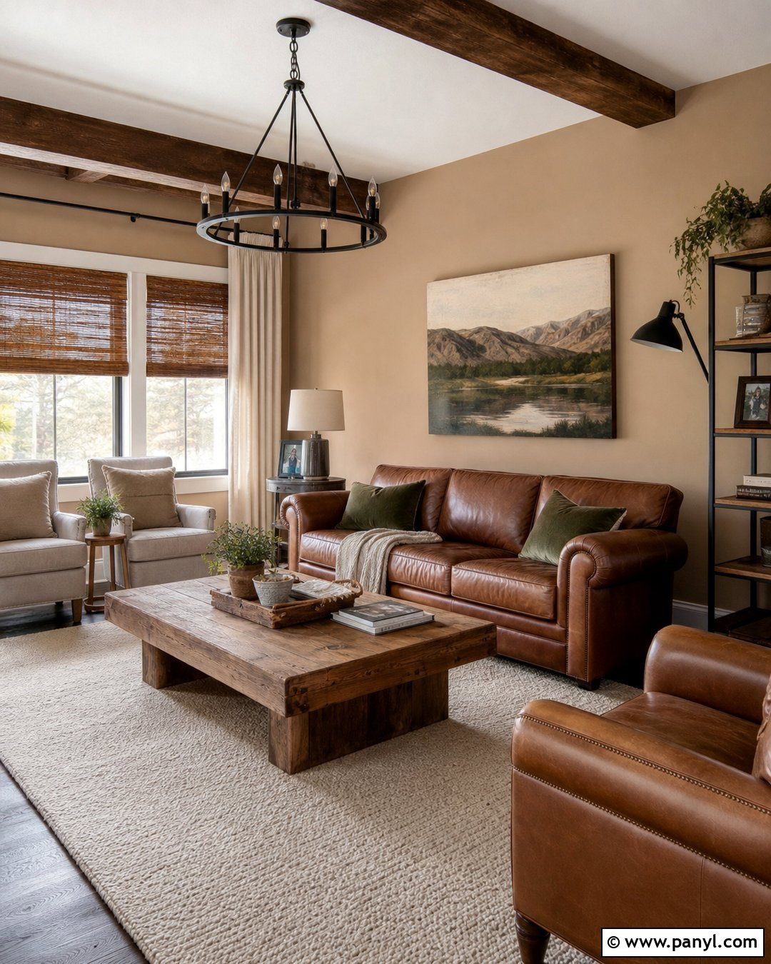 Tan Accent Wall With Brown Leather Sofa - 30 Tan Accent Wall Ideas