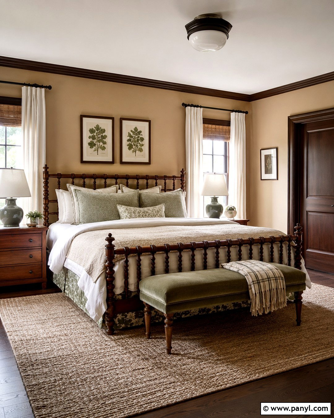 Tan Bedroom With Green Accents And Brown Trim - 20 Tan Walls Brown Trim Ideas