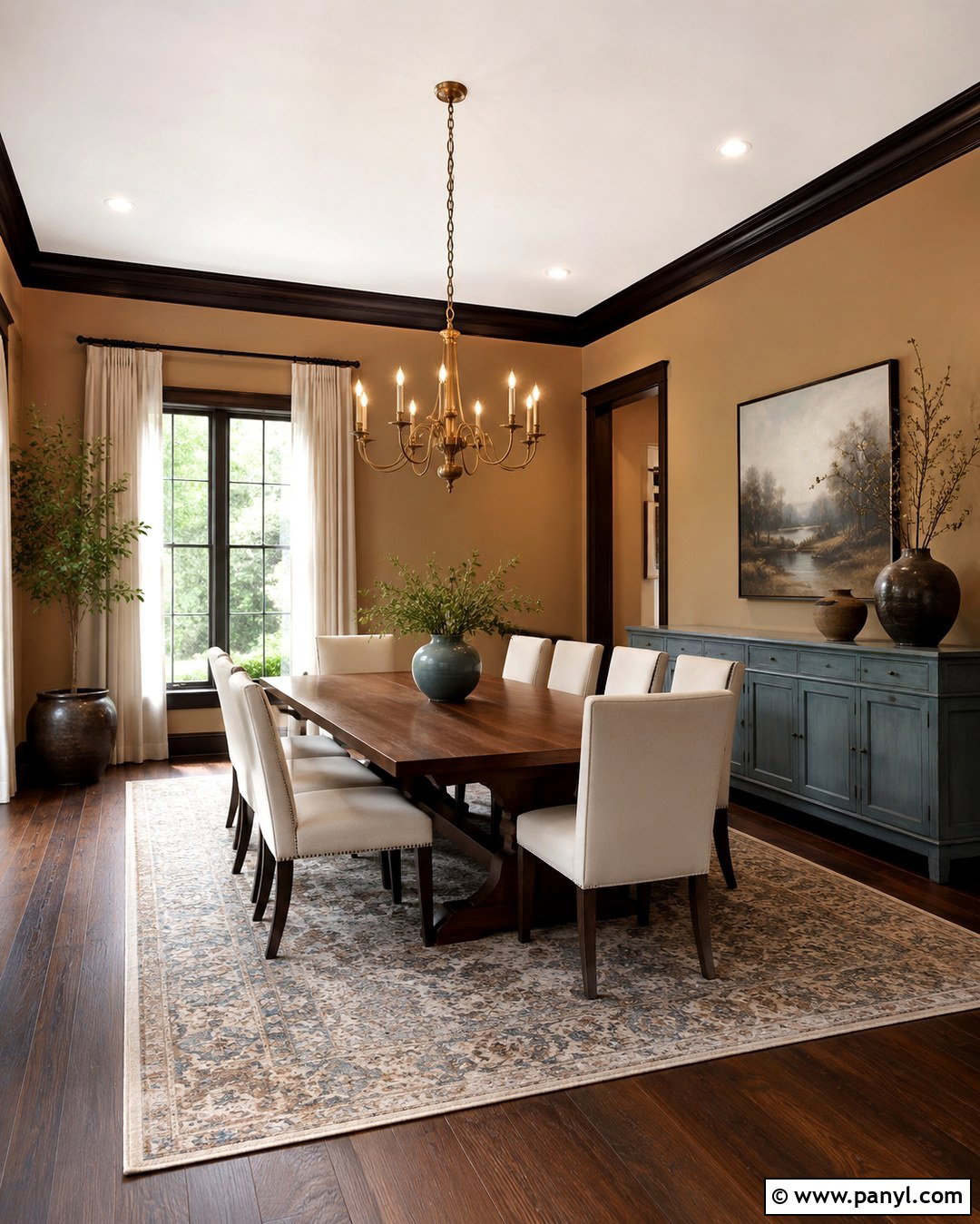 Tan Dining Room With Brown Crown Molding - 20 Tan Walls Brown Trim Ideas