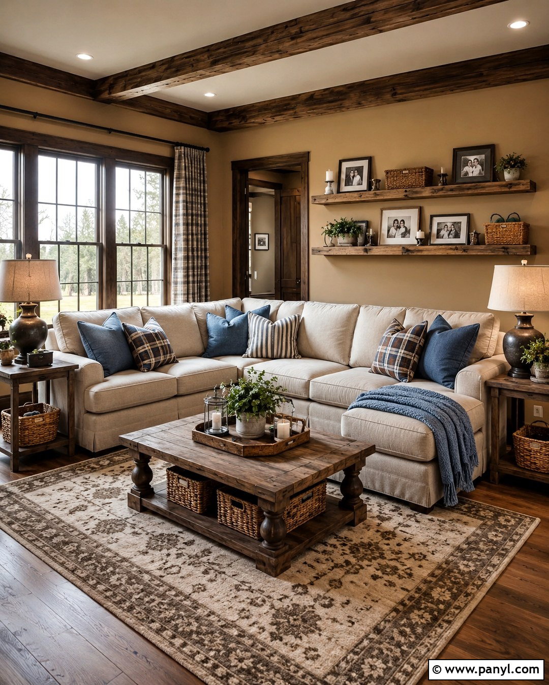 Tan Family Room With Rustic Brown Trim - 20 Tan Walls Brown Trim Ideas