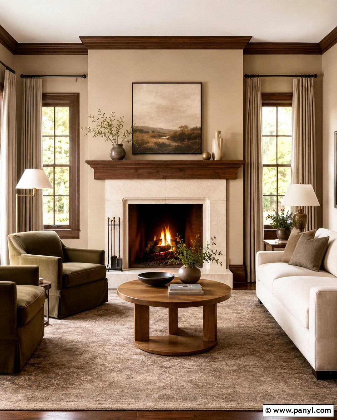 Tan Fireplace Room With Brown Wood Trim - 20 Tan Walls Brown Trim Ideas