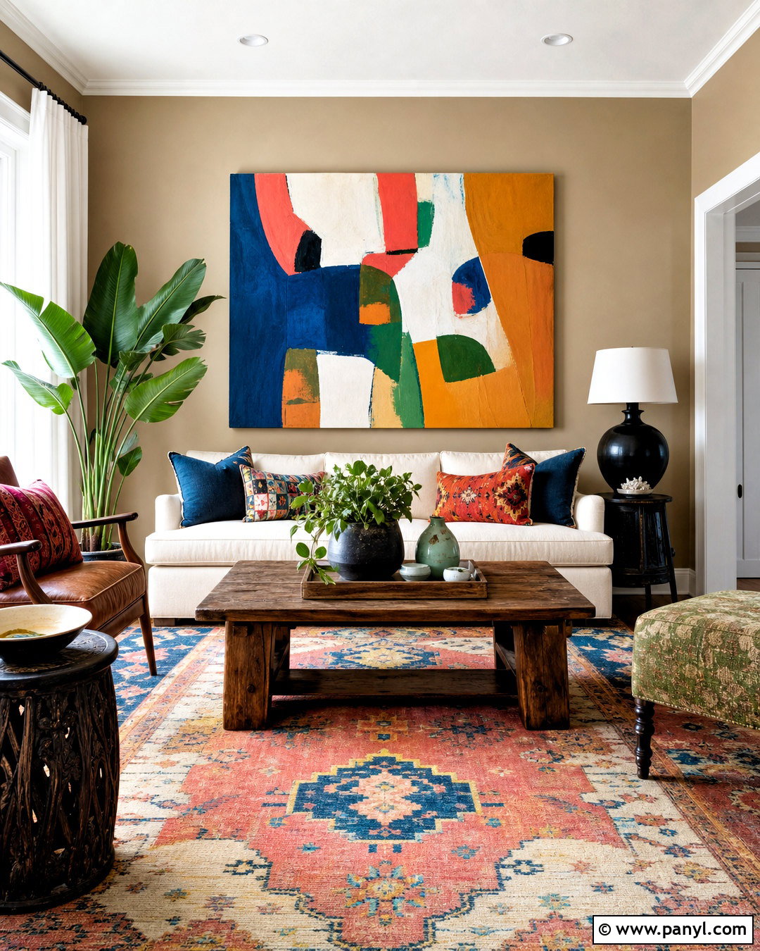 Tan Living Room Walls With Colorful Artwork - 20 tan living room walls