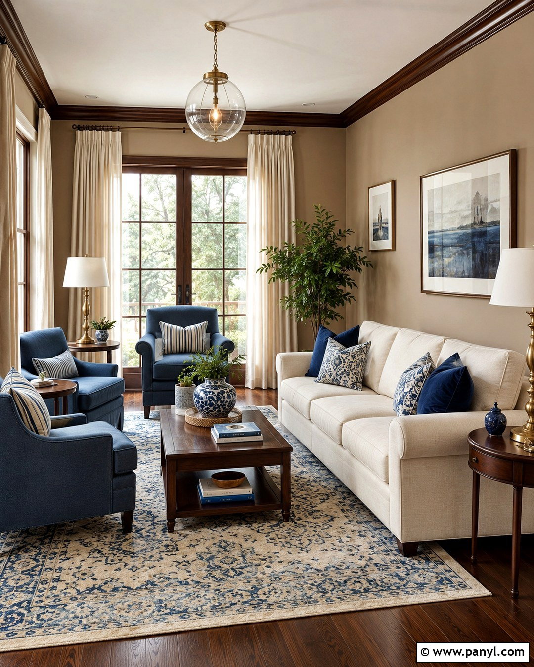 Tan Living Room With Blue Accents And Brown Trim - 20 Tan Walls Brown Trim Ideas
