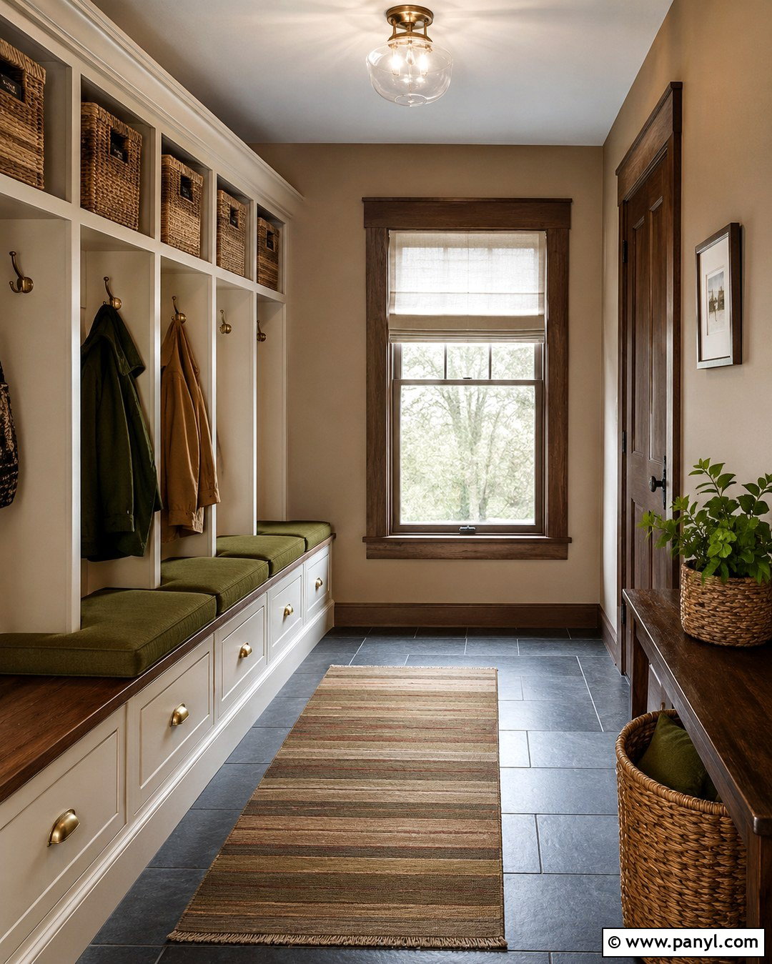 Tan Mudroom With Brown Wood Trim - 20 Tan Walls Brown Trim Ideas