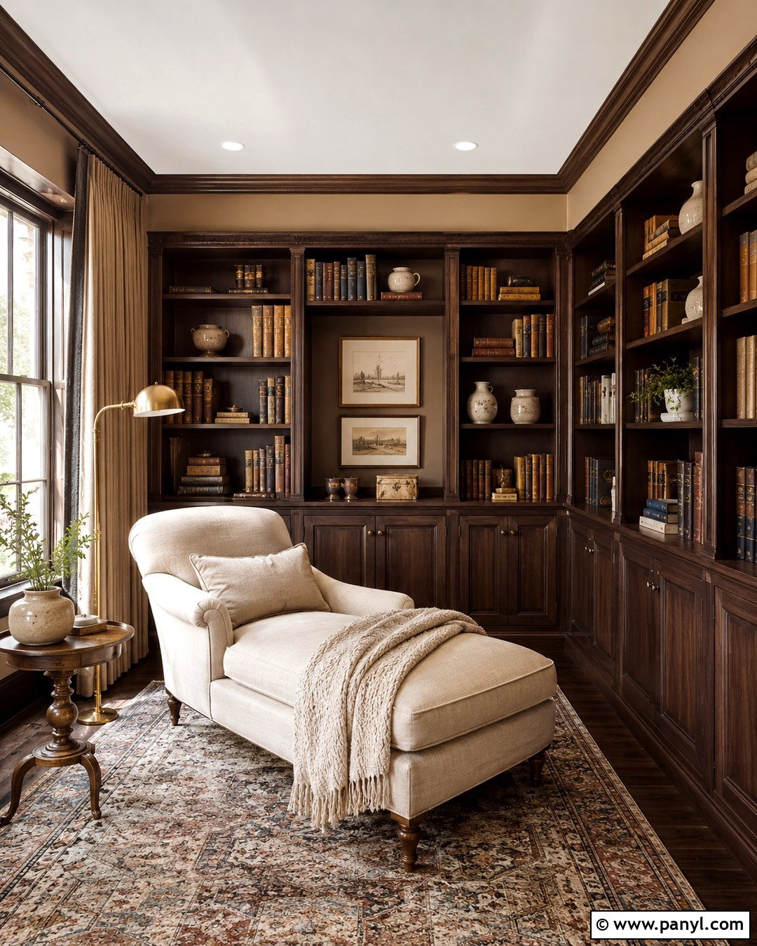 Tan Reading Room With Brown Built-Ins - 20 Tan Walls Brown Trim Ideas
