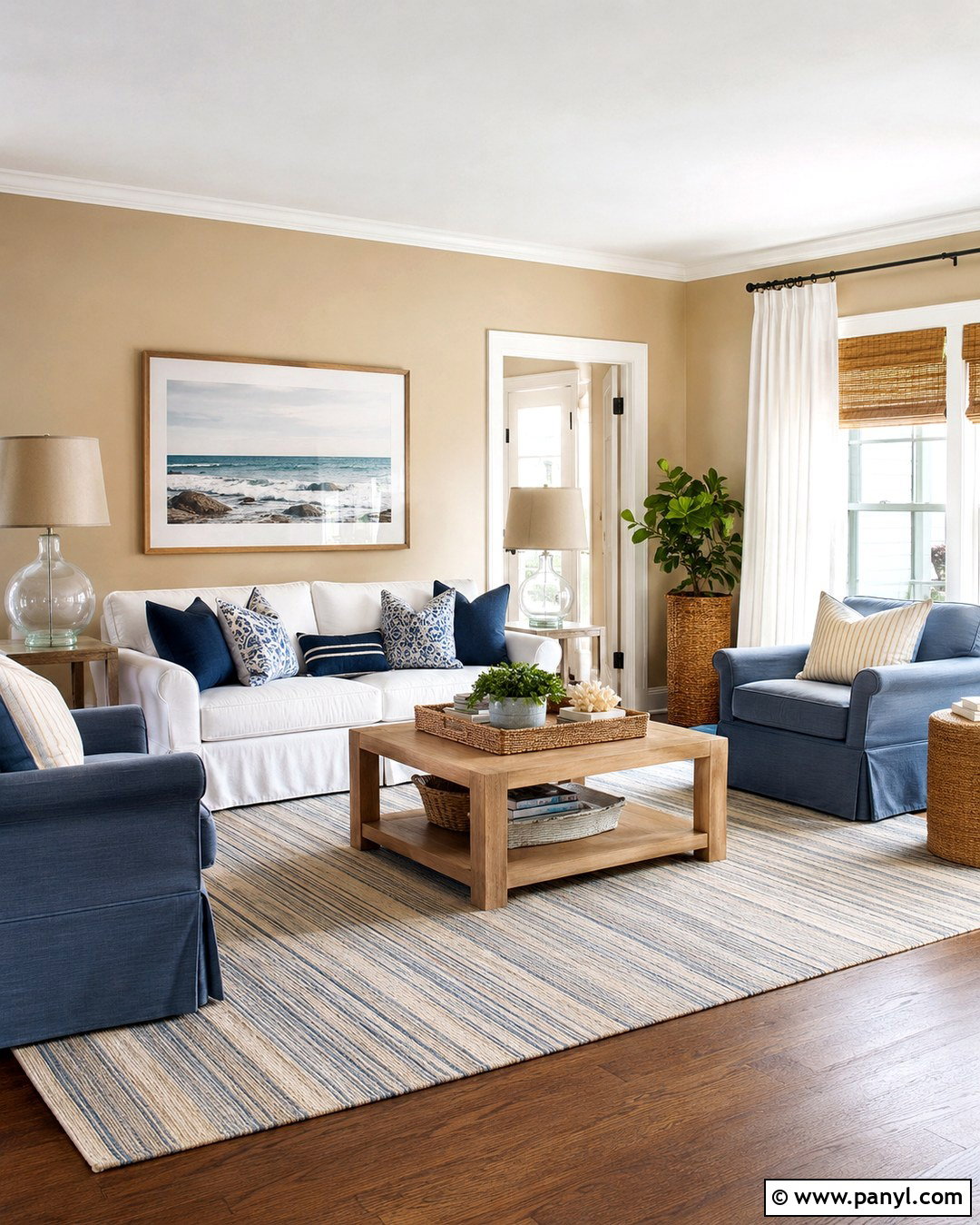 Tan Walls With Coastal Blue And White - 20 Tan Walls Living Room Color Scheme Ideas