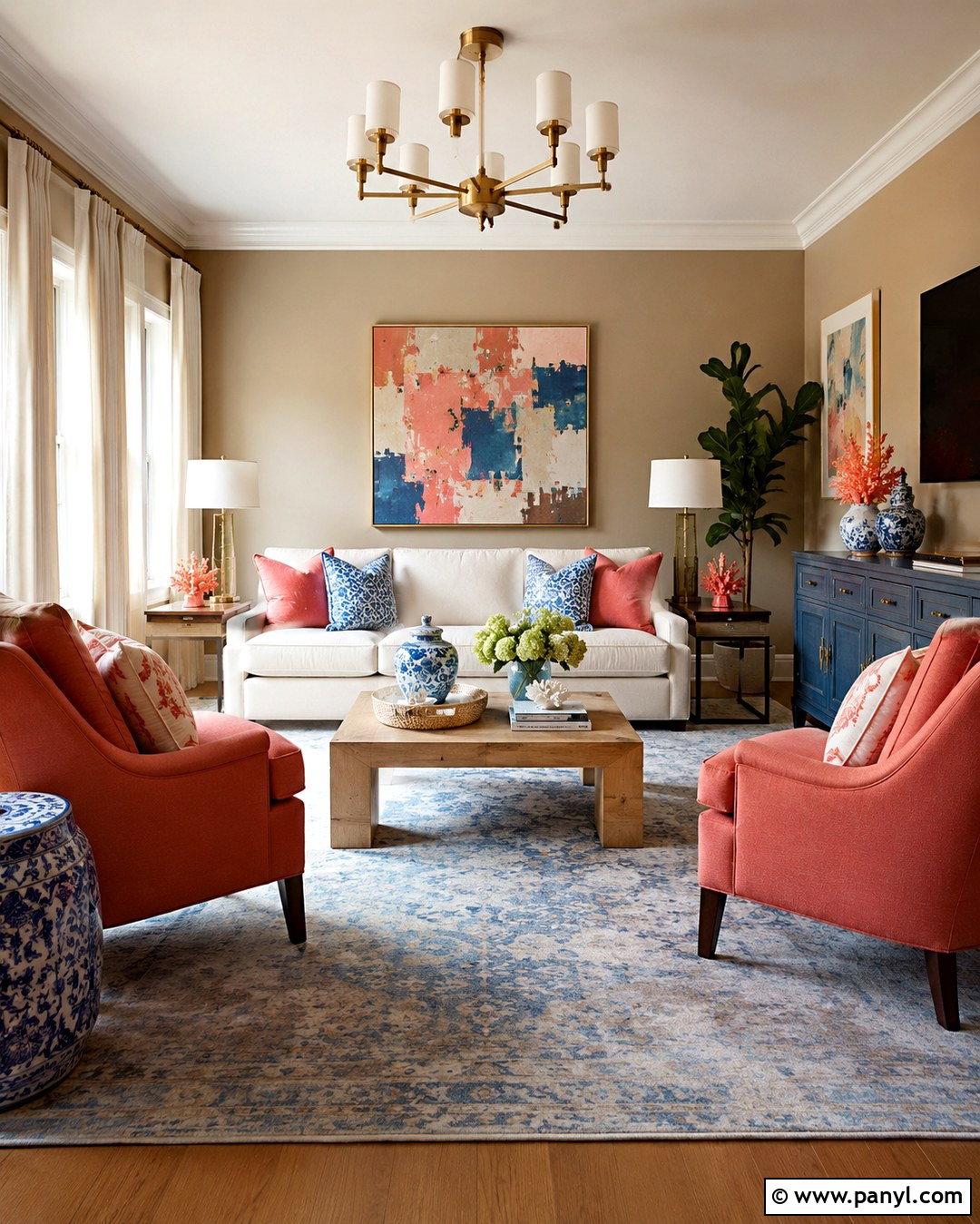 Tan Walls With Coral And Blue - 20 Tan Walls Living Room Color Scheme Ideas