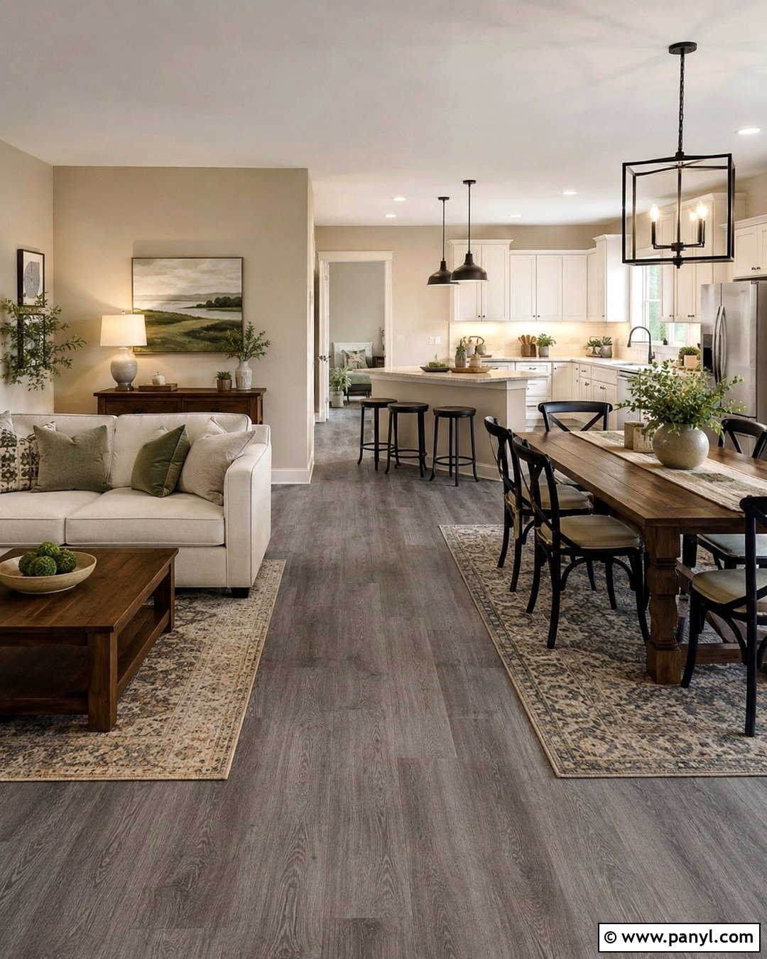 Tan Walls With Grey Floors In An Open Floor Plan - 20 Tan Walls Grey Floor Ideas