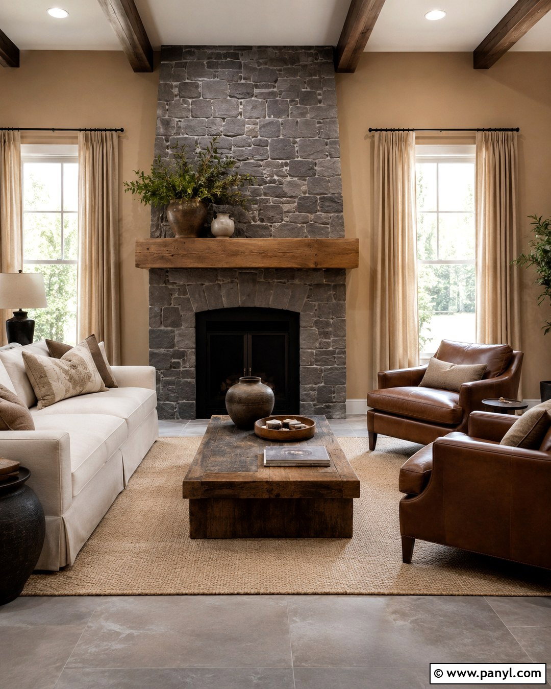 Tan Walls With Grey Stone Fireplace - 20 Tan Walls Grey Floor Ideas