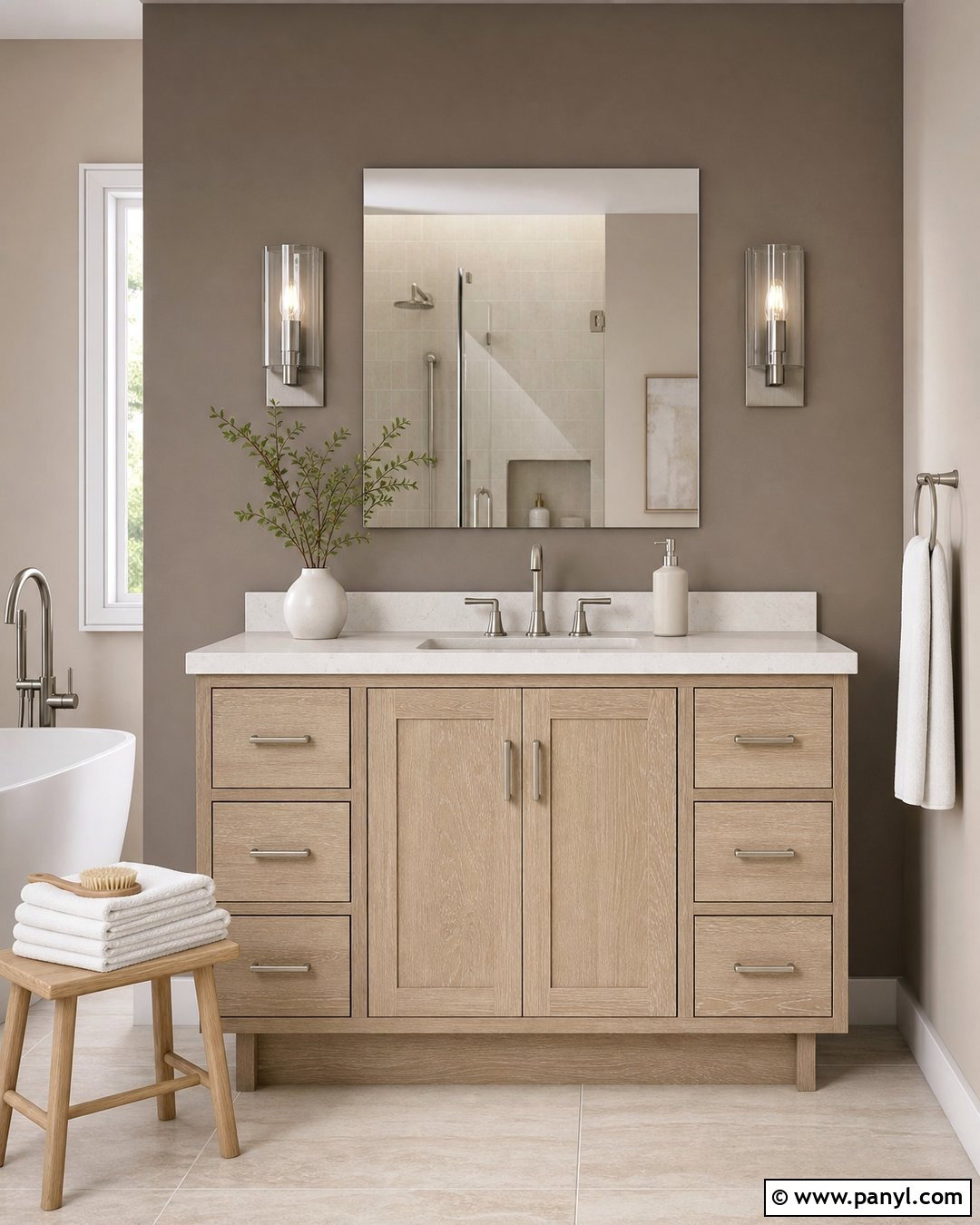Taupe Accent Wall Behind A Bathroom Vanity - 30 Taupe Accent Wall Ideas