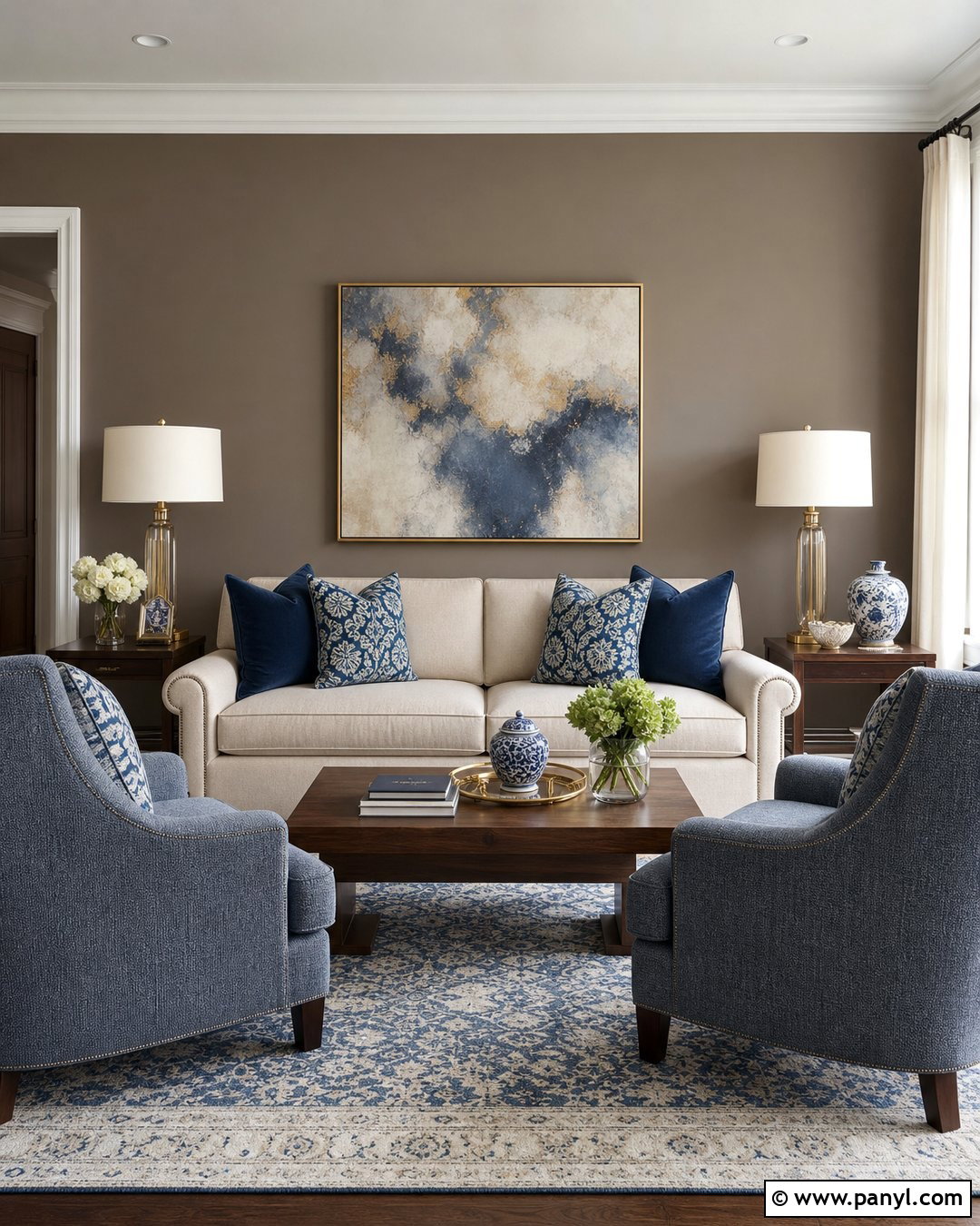 Taupe Accent Wall With Blue Decor - 25 Taupe Accent Wall Living Room Ideas