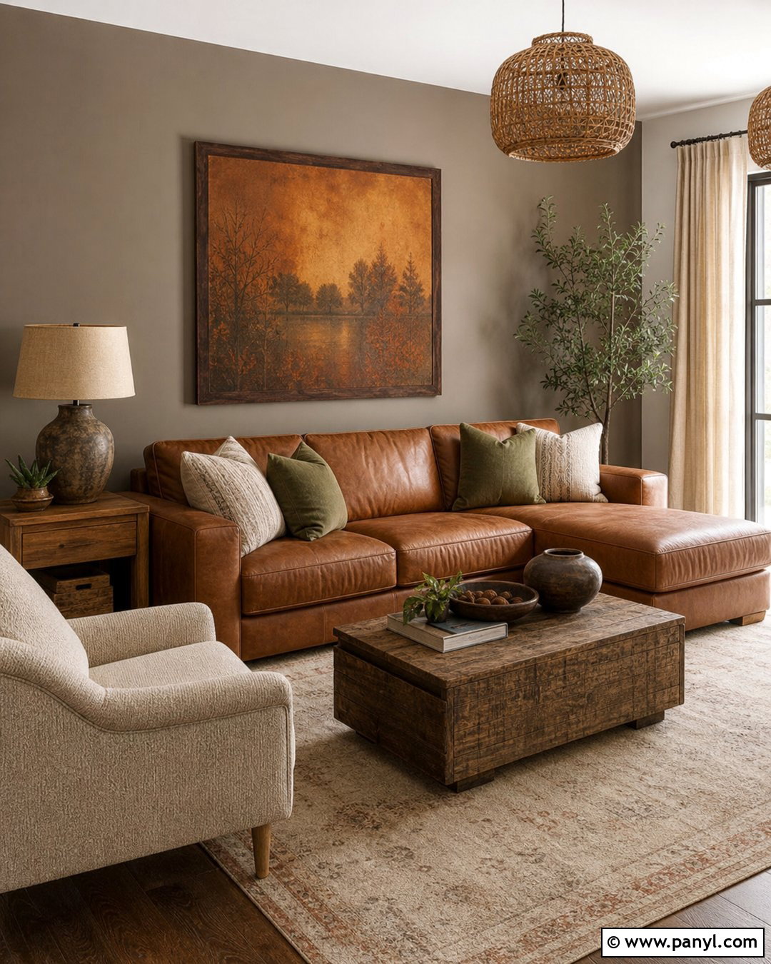 Taupe Accent Wall With Brown Leather Sofa - 25 Taupe Accent Wall Living Room Ideas