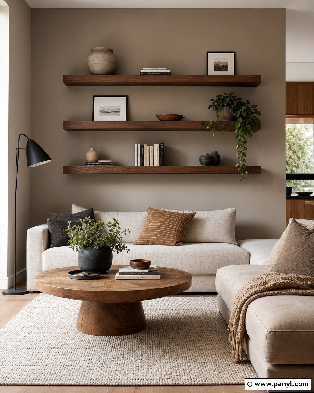 Taupe Accent Wall With Floating Shelves - 25 Taupe Accent Wall Living Room Ideas