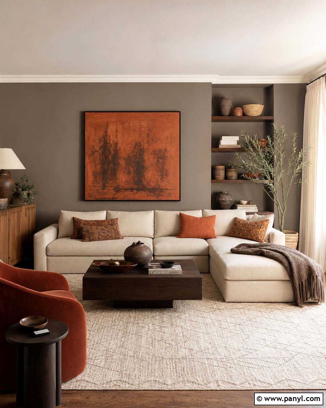 Taupe Accent Wall With Terracotta Decor - 25 Taupe Accent Wall Living Room Ideas