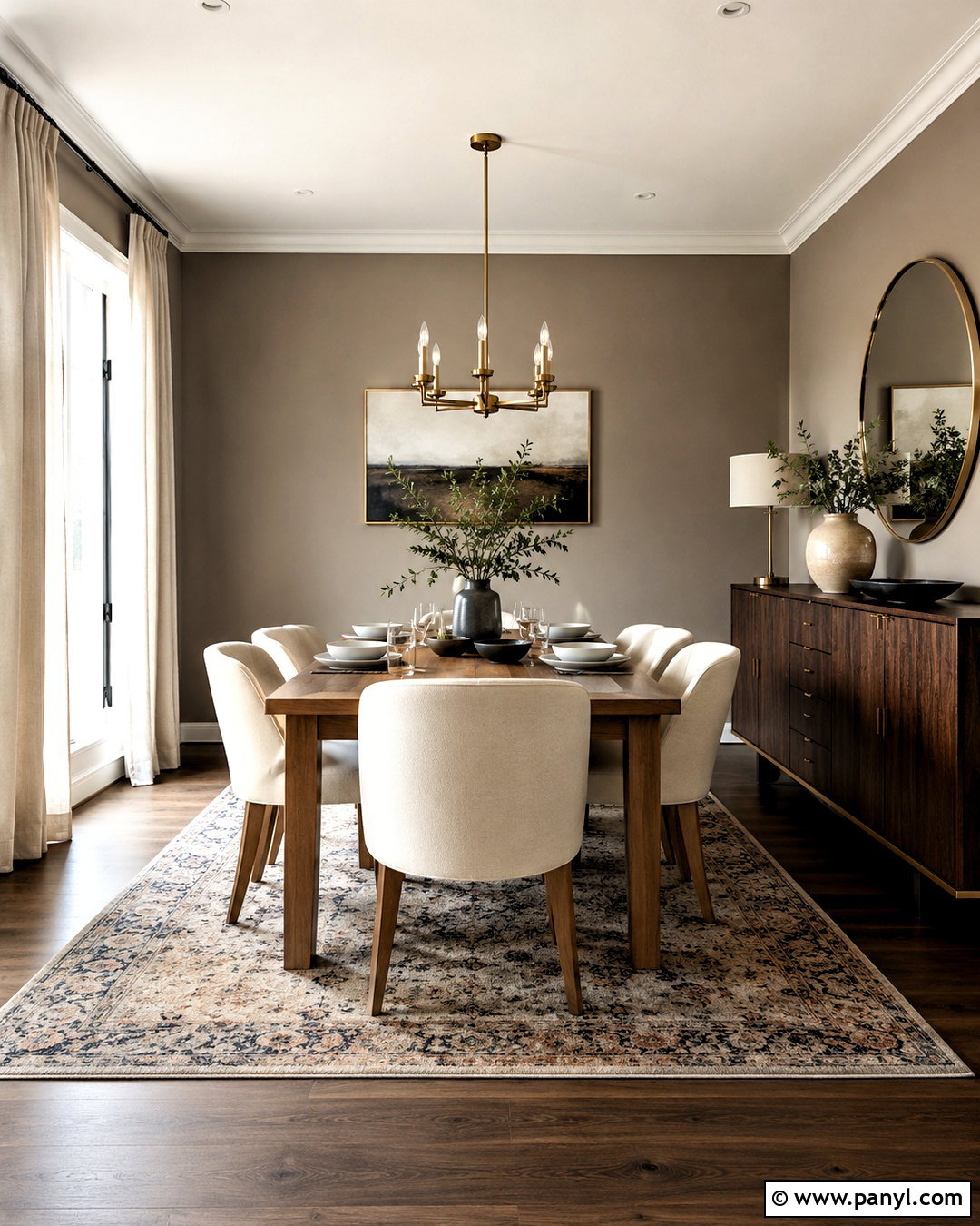 Taupe Dining Room Walls With Brass Lighting - 35 Taupe Wall Color Ideas