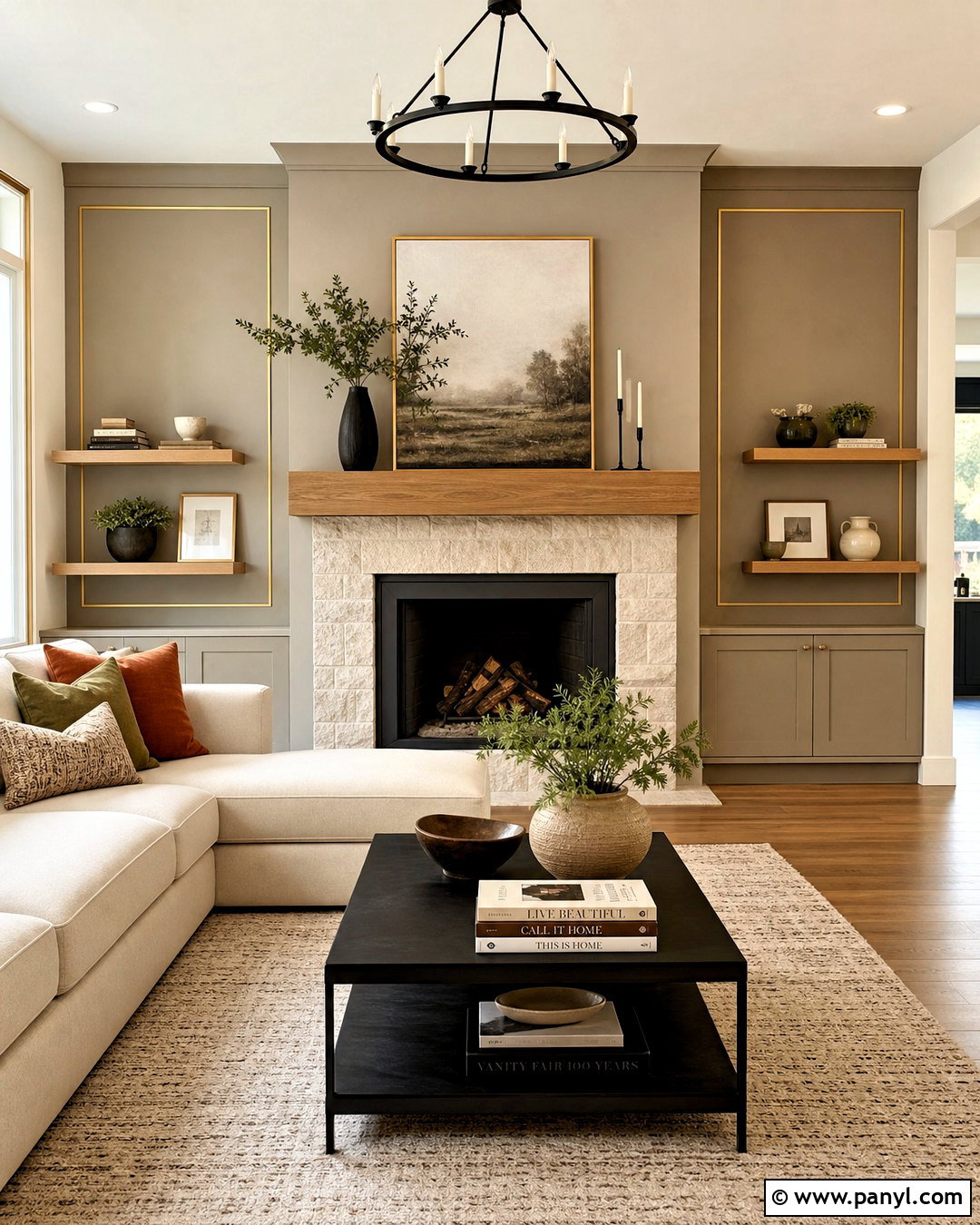 Taupe Fireplace Wall With Gold Frame Strips - 20 golden strips on wall ideas