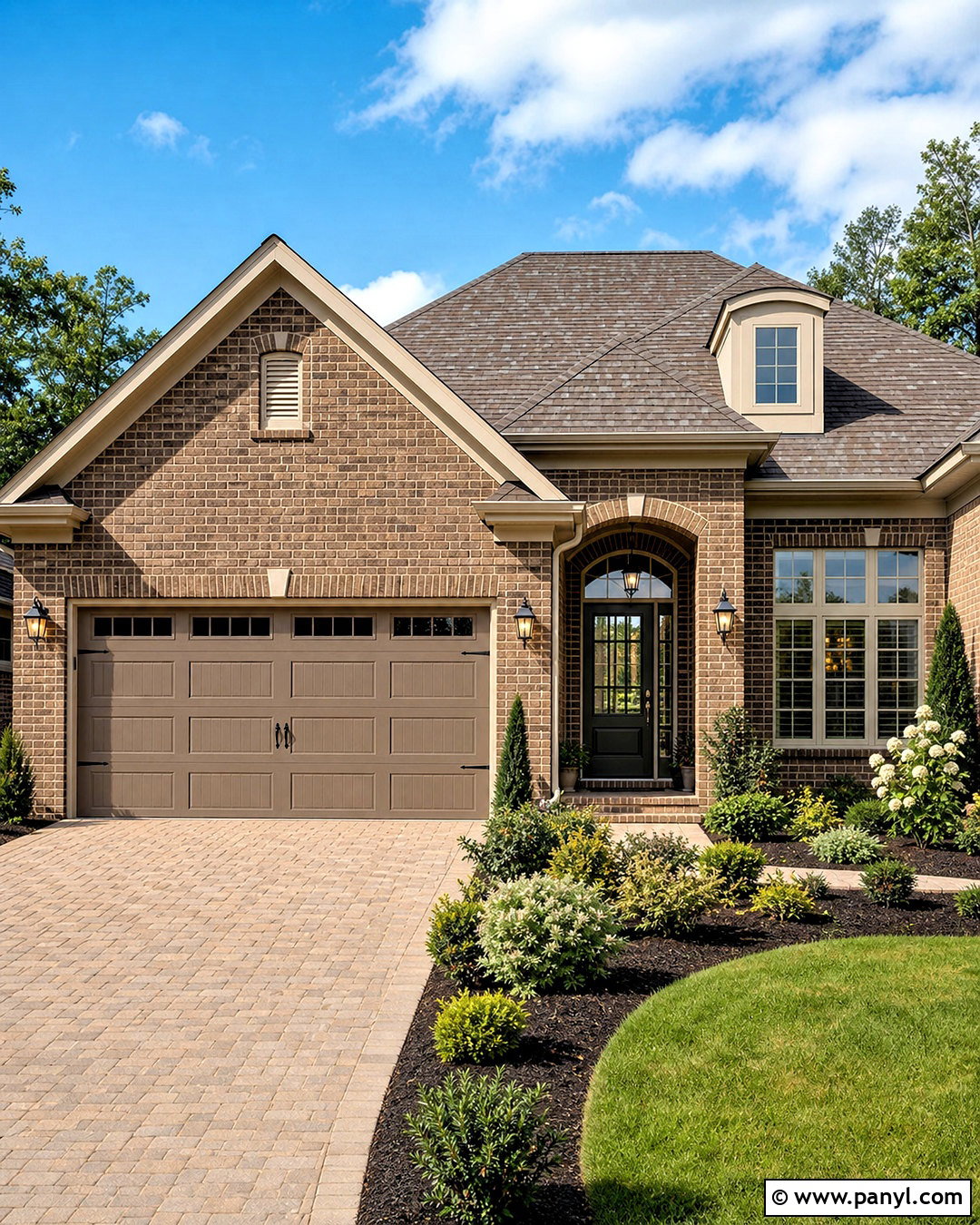Taupe Garage Door With Brown Brick - 20 garage door painting ideas