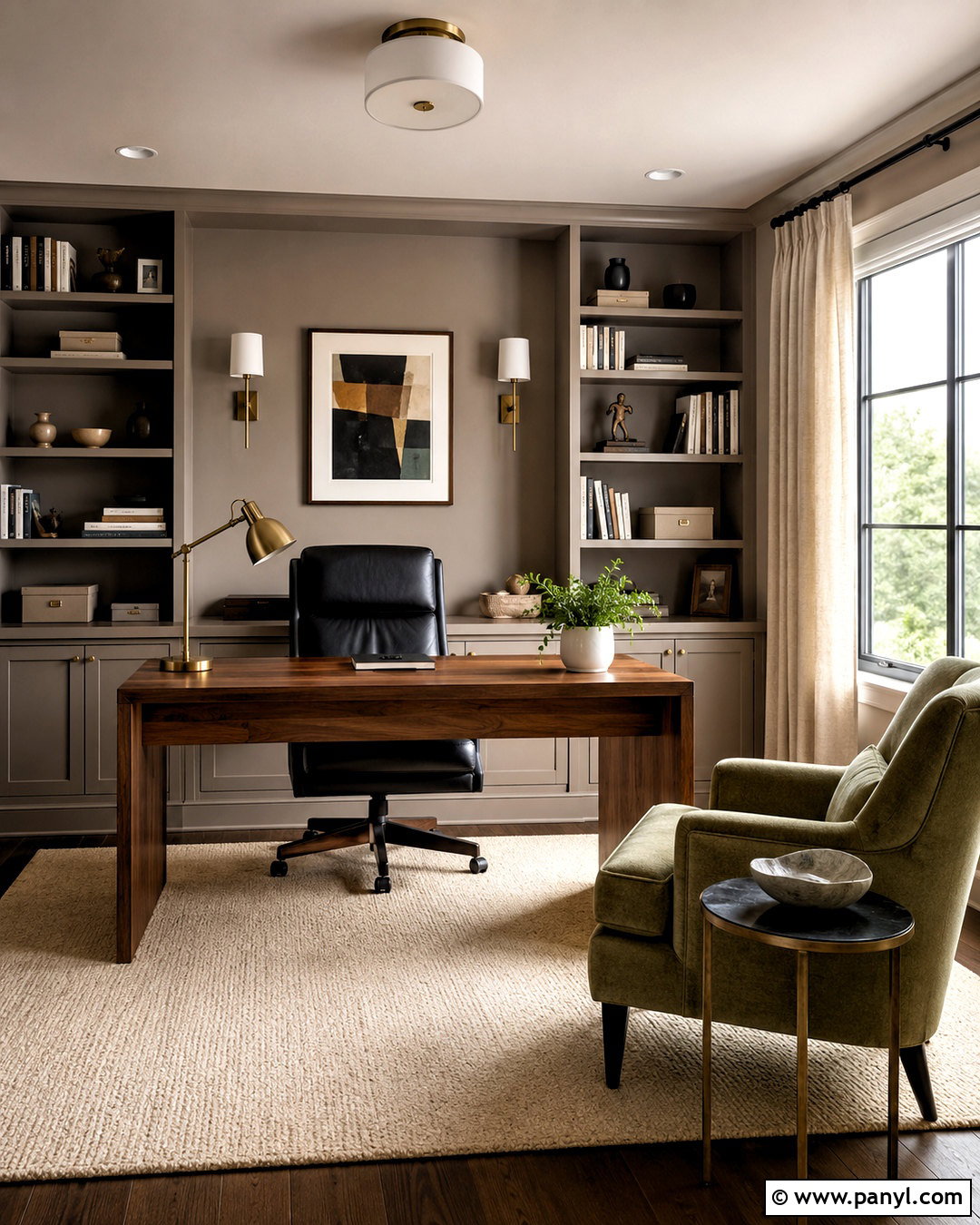 Taupe Home Office Walls With Built-In Shelves - 35 Taupe Wall Color Ideas