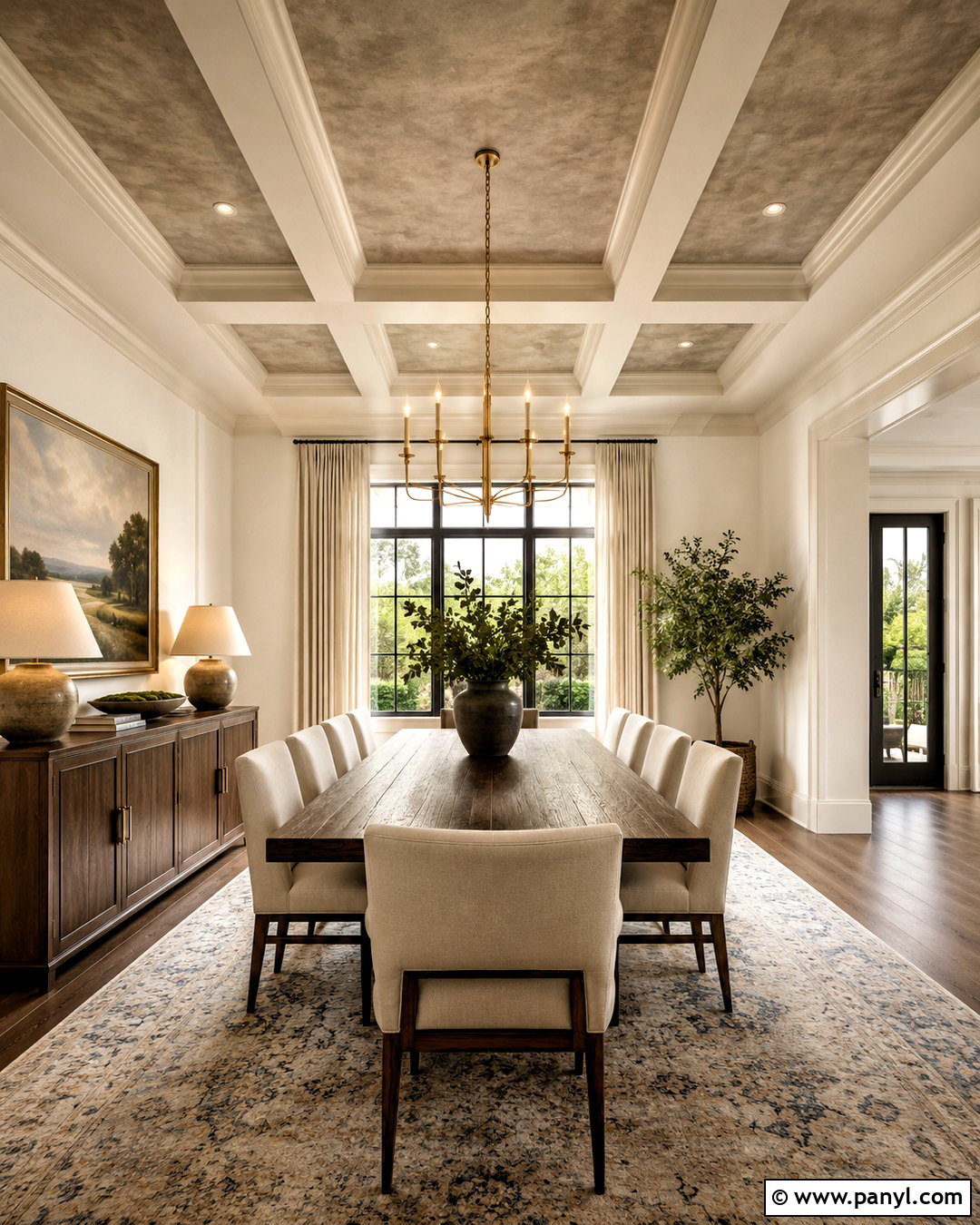 Taupe Limewash Ceiling With Coffered Trim - 20 limewash ceiling ideas
