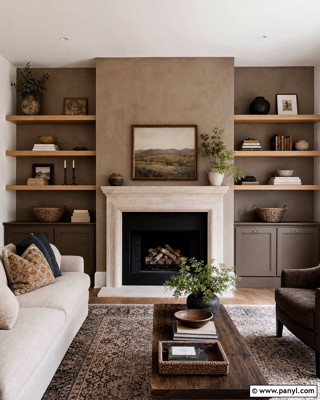 Taupe Limewash Fireplace With Built-Ins - 20 Limewash Paint Fireplace Wall Ideas