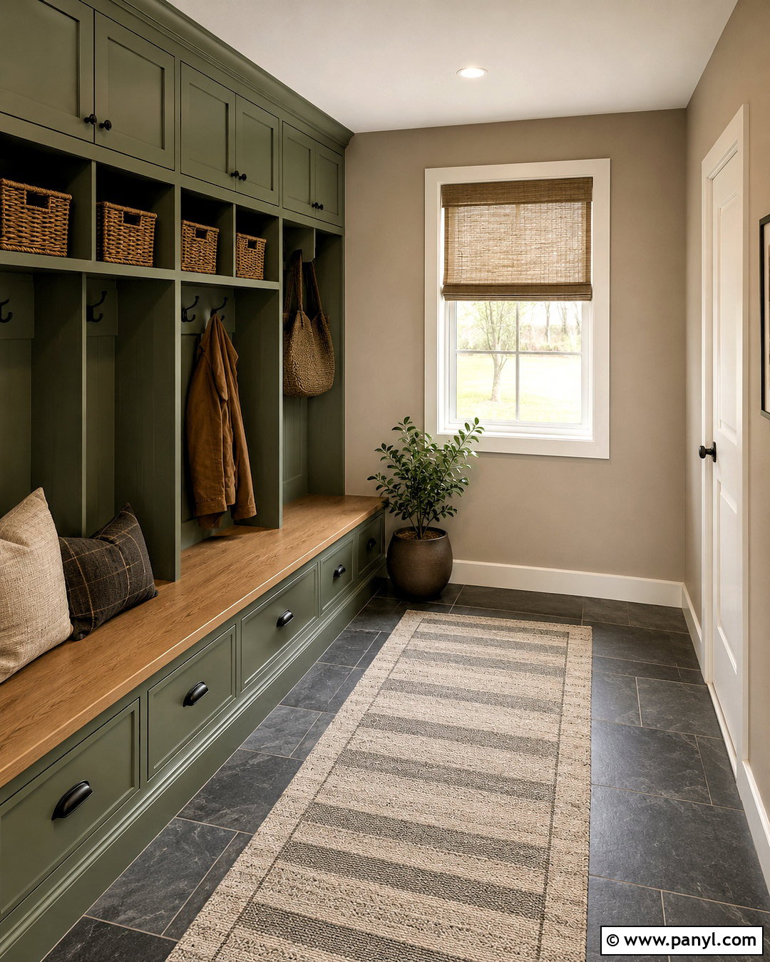 Taupe Mudroom Walls With Green Storage - 35 Taupe Wall Color Ideas
