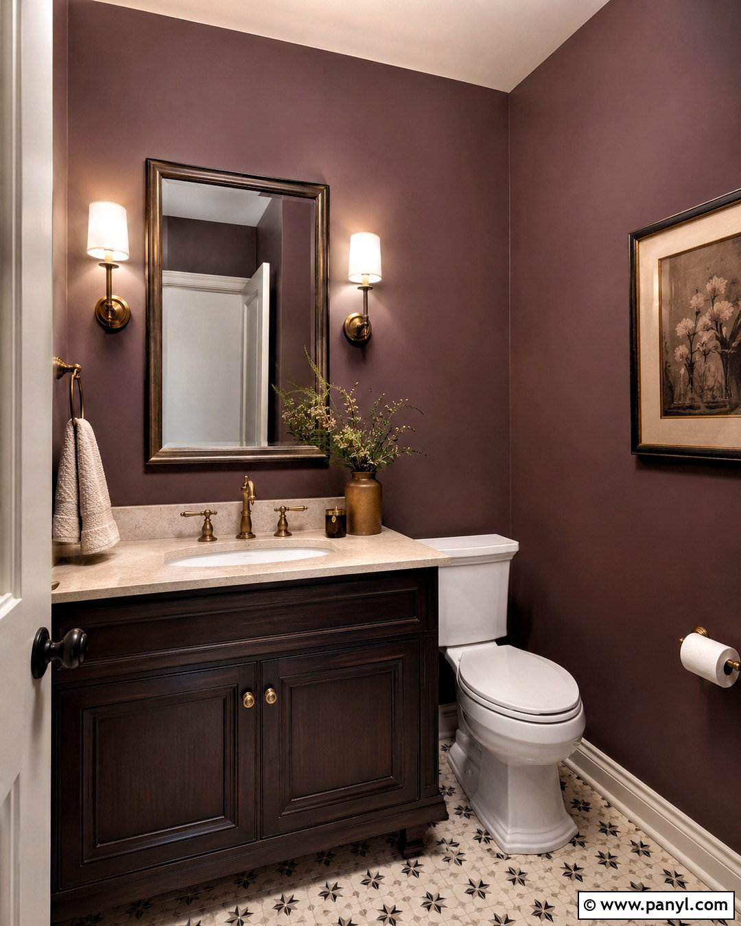 Taupe Powder Room With Dark Vanity - 35 Taupe Wall Color Ideas