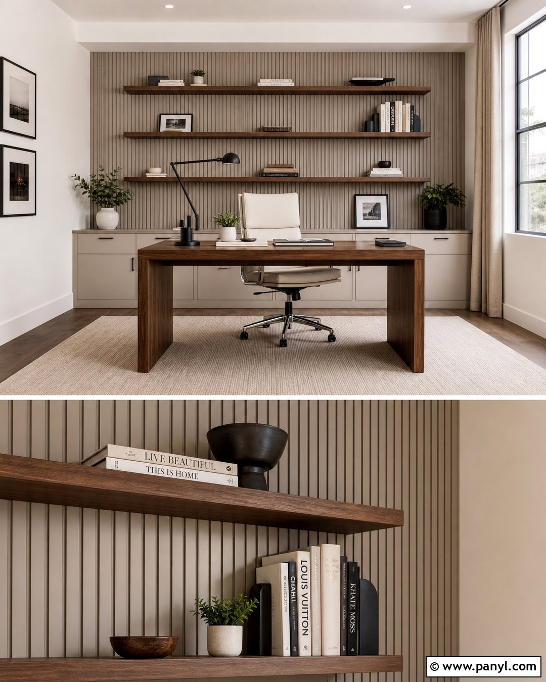 Taupe Slat Wall Home Office - 20 Neutral Color Slat Wall Ideas