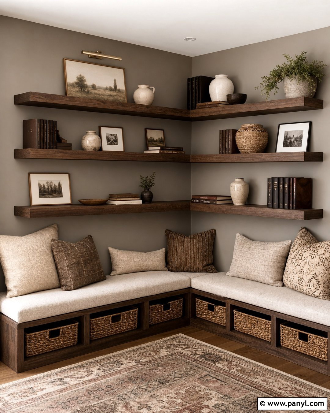 Taupe Wall Corner Floating Shelves - 20 Neutral Color Wall Corner Ideas