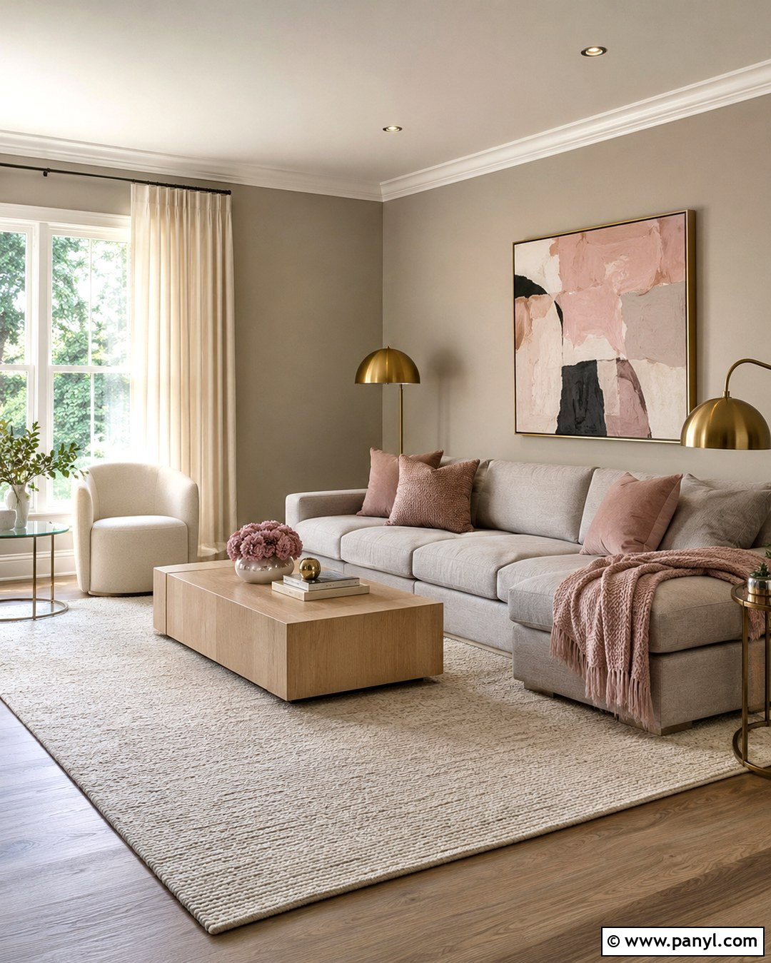 Taupe Walls With A Gray Couch And Blush Accents - 20 Taupe Walls Grey Couch Ideas