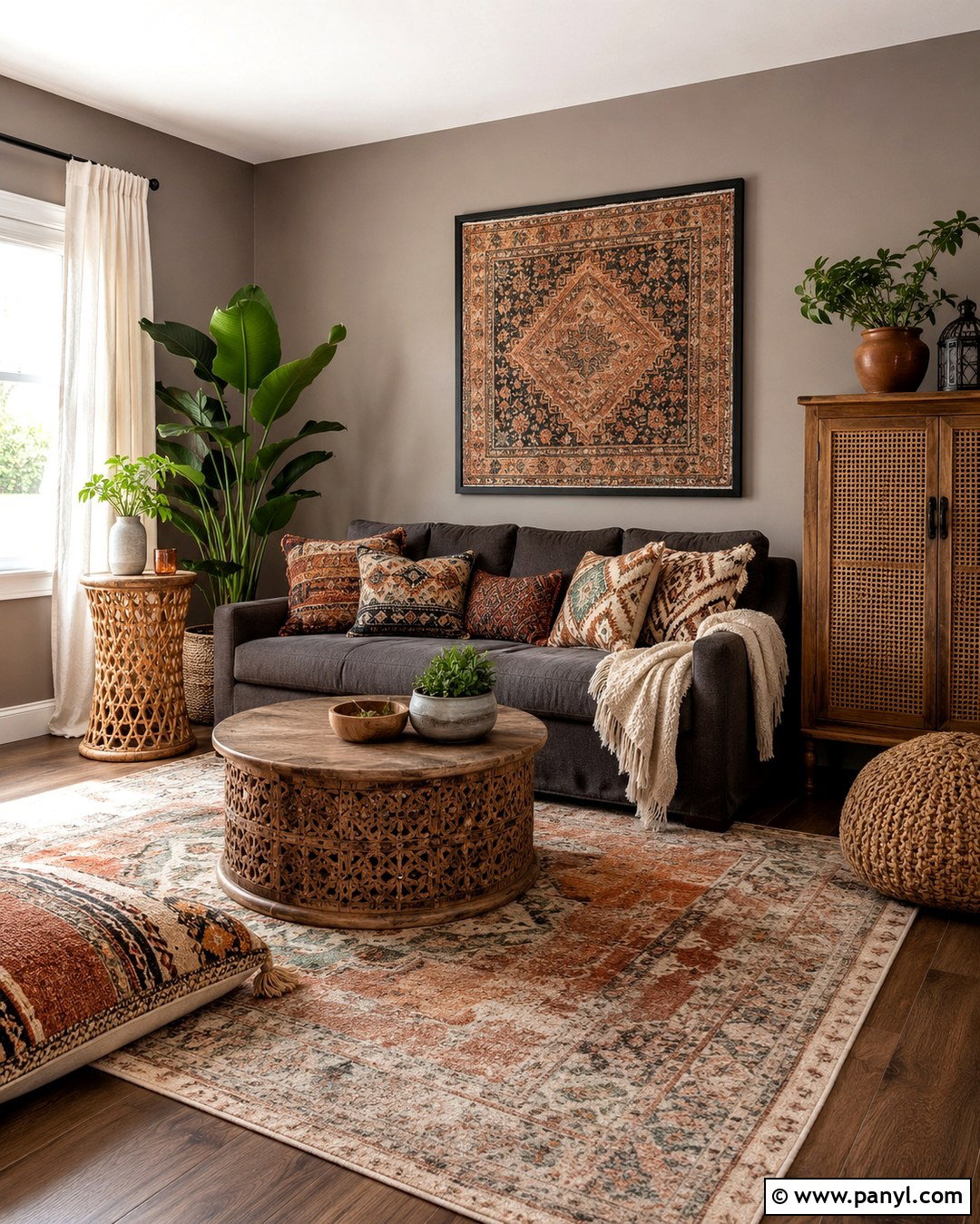 Taupe Walls With A Gray Couch And Boho Decor - 20 Taupe Walls Grey Couch Ideas