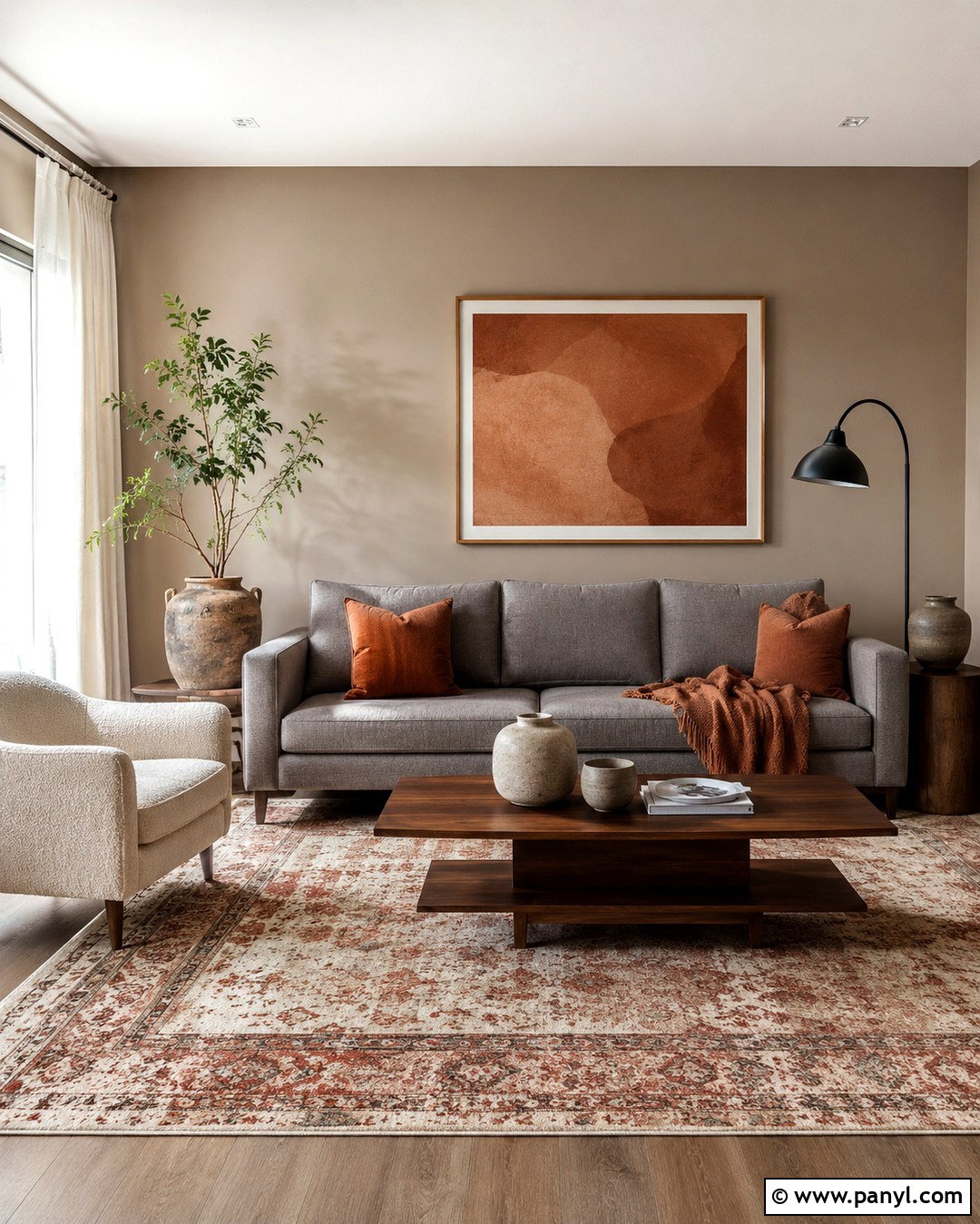 Taupe Walls With A Gray Couch And Terracotta Accents - 20 Taupe Walls Grey Couch Ideas