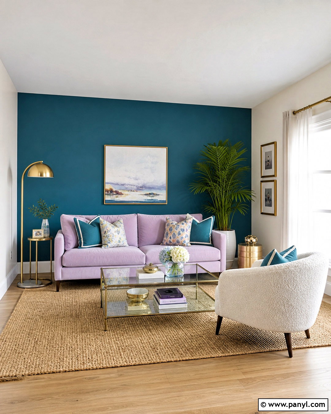 Teal Accent Wall And Lavender Furniture - 20 teal and purple living room ideas