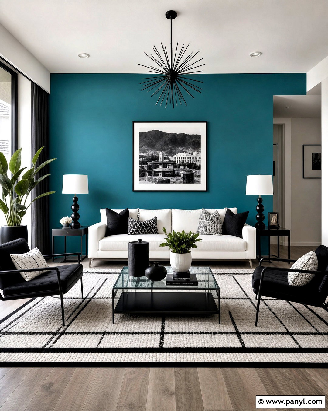 Teal Accent Wall With Black And White Decor - 20 teal accent wall living room ideas