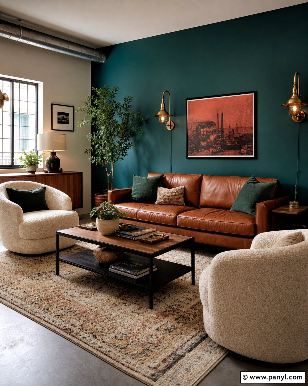 Teal Accent Wall With Cognac Leather Sofa - 20 teal accent wall living room ideas