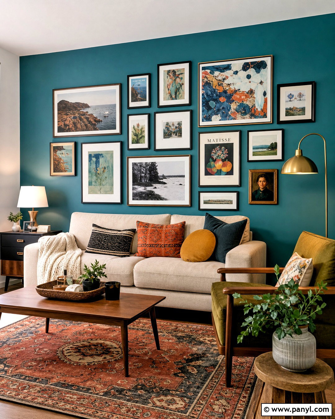 Teal Accent Wall With Gallery Art - 20 teal accent wall living room ideas