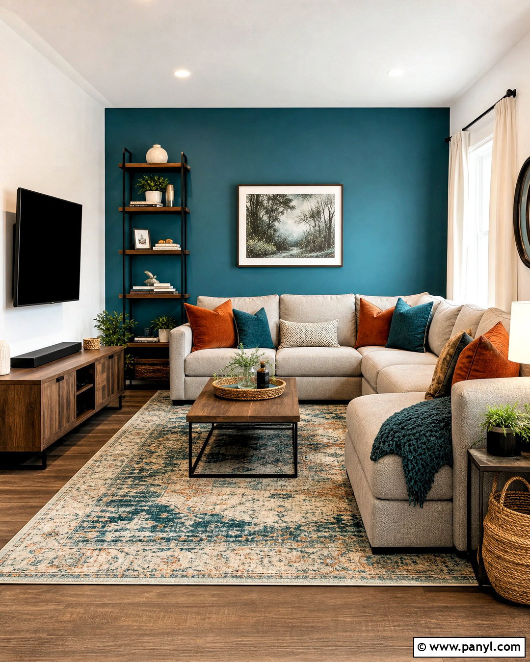 Teal Accent Wall With Gray Sectional - 20 teal walls living room ideas