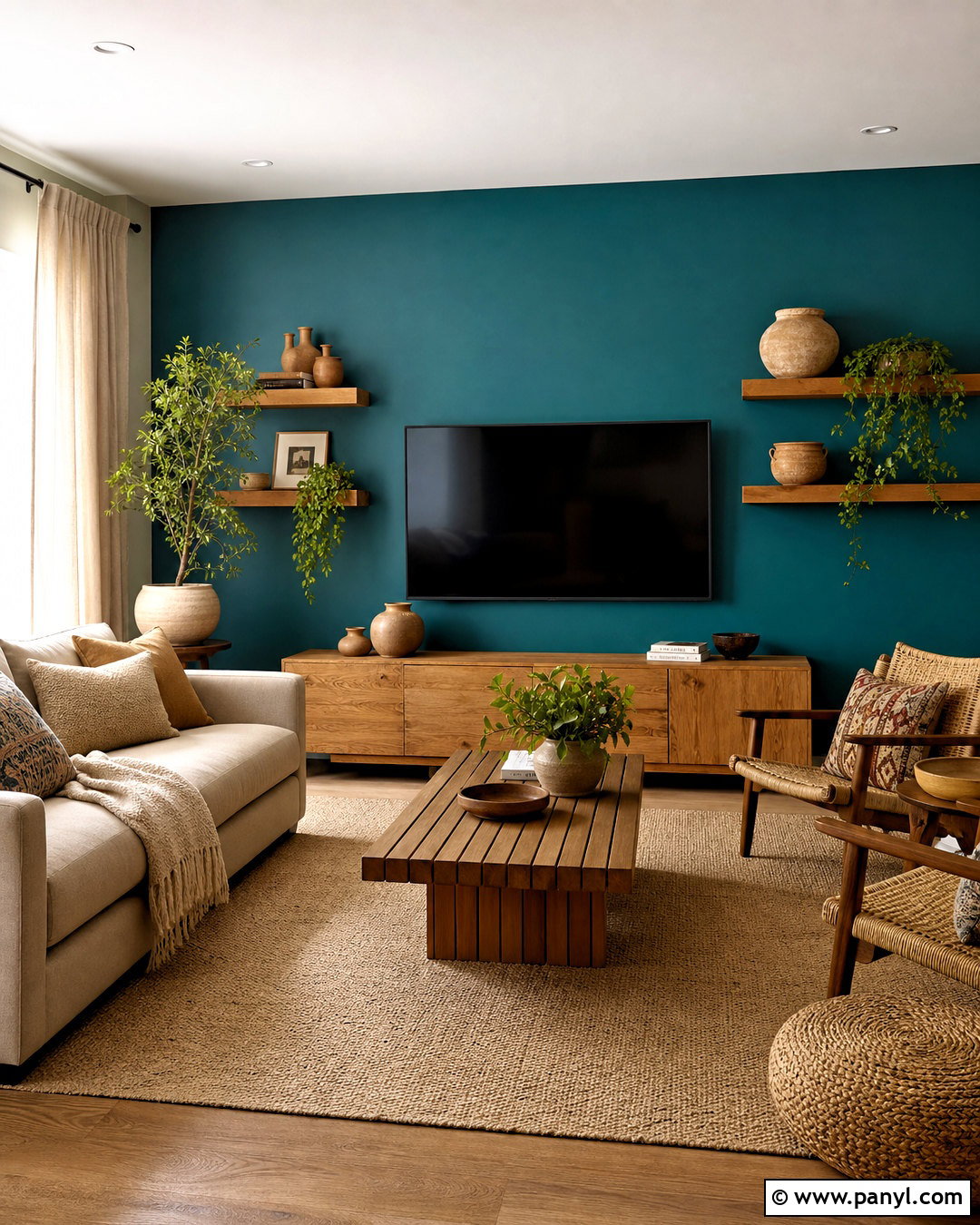 Teal Accent Wall With Natural Wood - 20 teal accent wall living room ideas