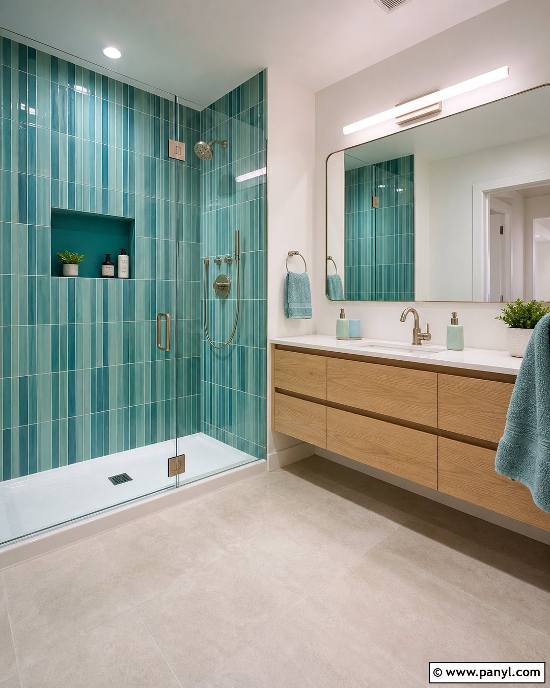 Teal And Aqua Striped Shower Walls - 20 Elegant Bathroom With Striped Walls
