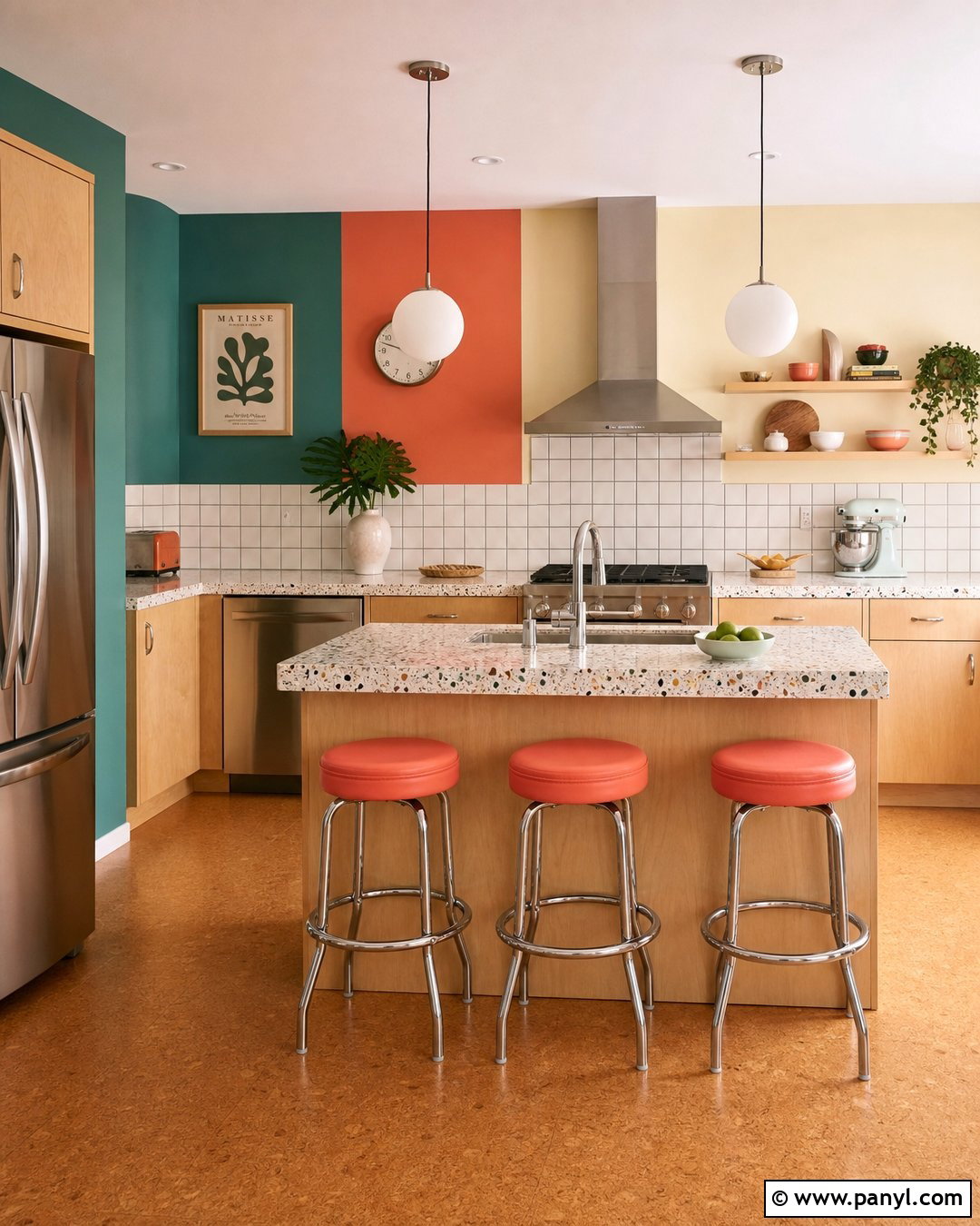 Teal And Coral Retro Color Block Kitchen Wall - 20 Color Block Kitchen Wall Ideas