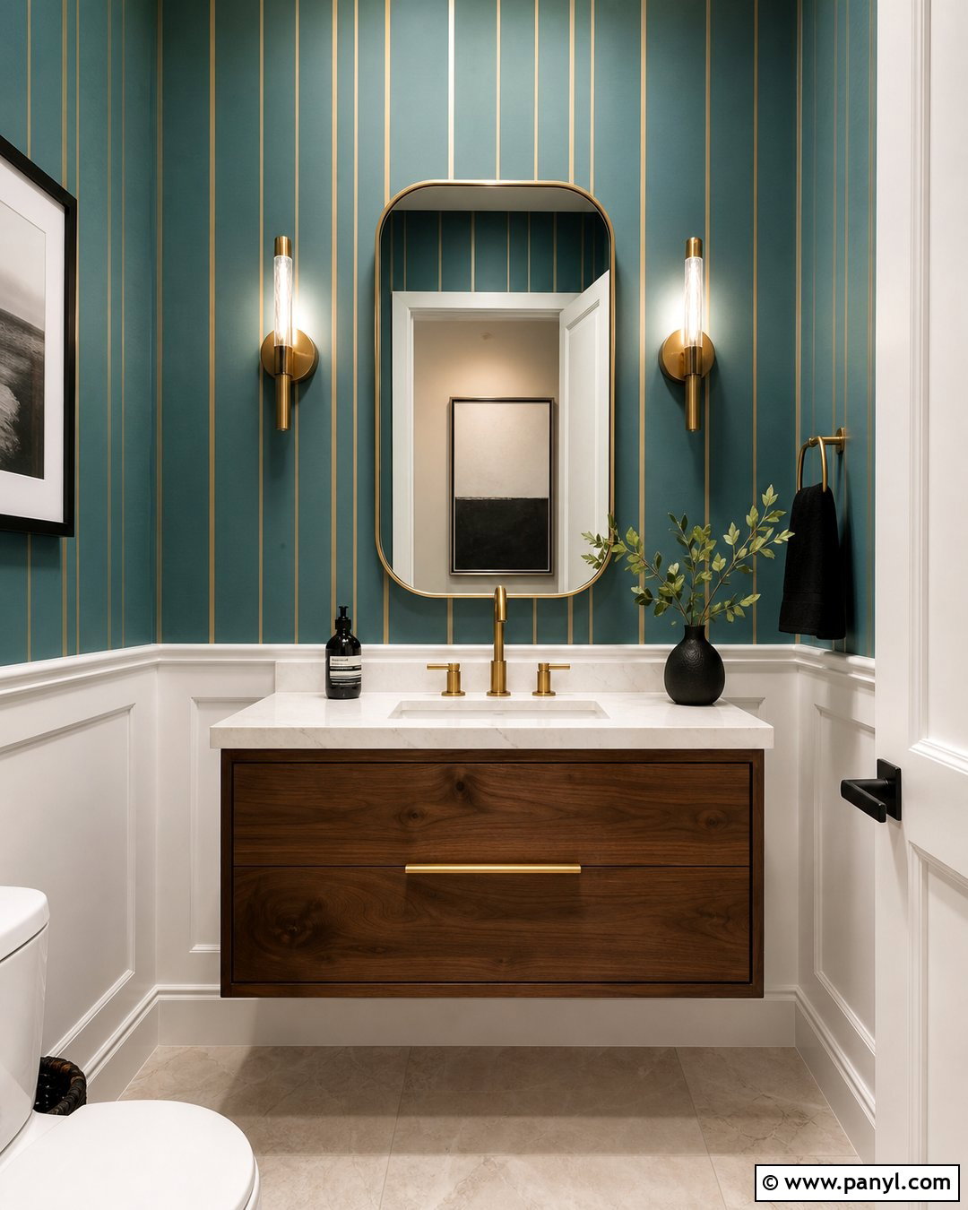 Teal And Gold Stripe Powder Room Wall - 35 gold stripe wall ideas