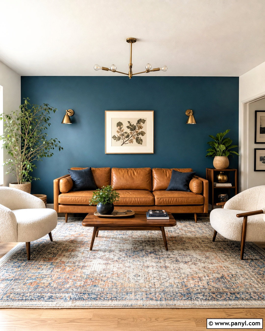 Teal Blue Accent Wall With Tan Leather Sofa - 20 blue accent wall living room ideas