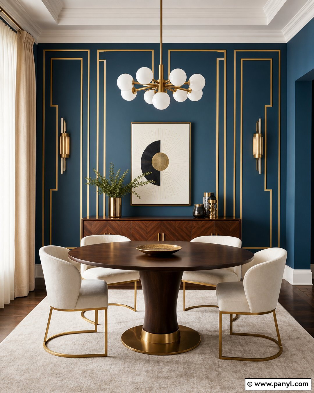 Teal Blue Dining Room Wall With Gold Art Deco Lines - 20 Blue Wall With Gold Lines