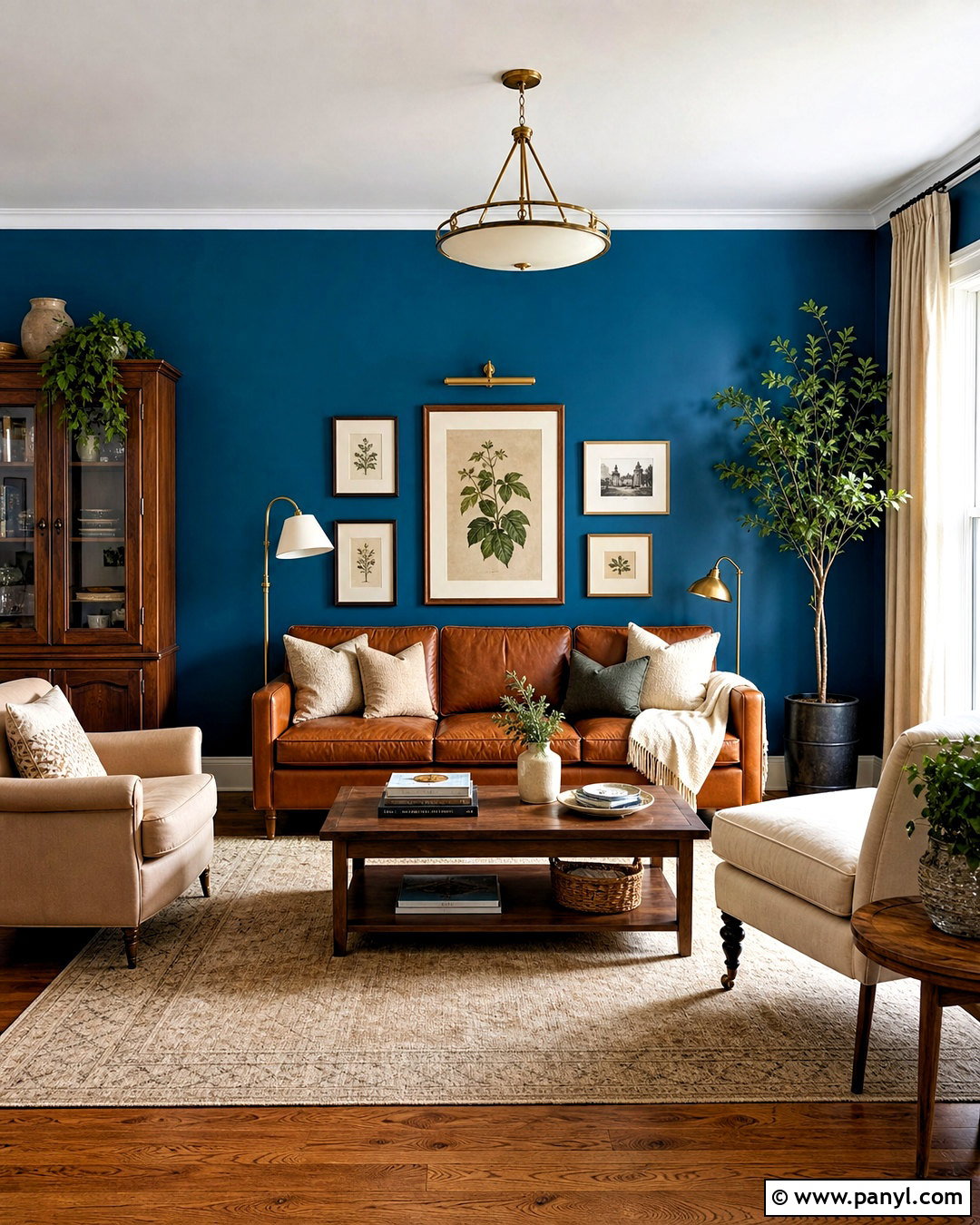 Teal Blue Feature Wall With Cognac Leather - 20 blue feature wall living room ideas